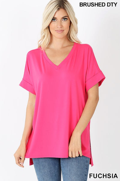 Clothing - Plus V-Neck Tops with Rolled Short Sleeve