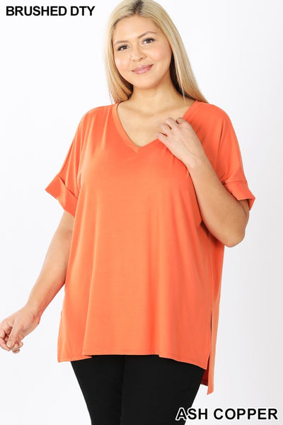 Clothing - Plus V-Neck Tops with Rolled Short Sleeve