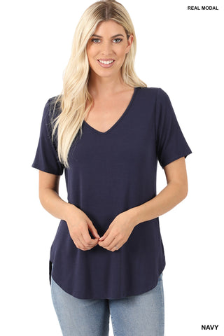 Clothing - Ladies Plus Size Real Modal Short Sleeve V-Neck Top with Side Slit & Hi-Lo Hemline
