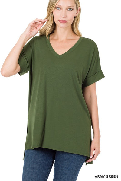 Clothing - Ladies Top Relaxed Ultra Soft V-Neck Top with Rolled Short Sleeve Hi-Lo Straight Hem