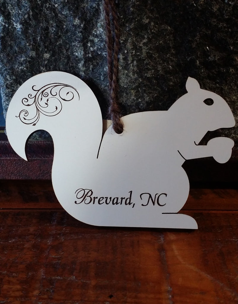 Ornament - Laser Cut Filligree White Squirrel with Brevard, NC #