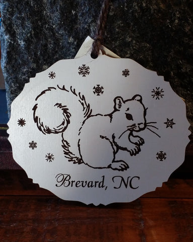 Ornament - Laser Oval with Snowflakes, the White Squirrel and Brevard, NC #