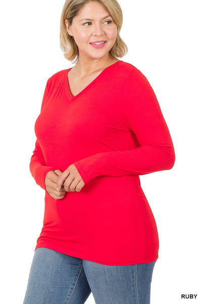 Clothing - Top - For Ladies - Plus Size Brushed Microfiber Long Sleeve V-Neck