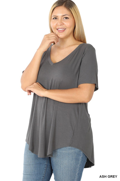 Clothing - Ladies Tee -  Plus Size Short Sleeve, V-Neck, Hi-Lo Hem