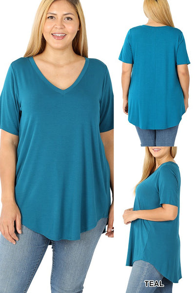 Clothing - Ladies Tee -  Plus Size Short Sleeve, V-Neck, Hi-Lo Hem