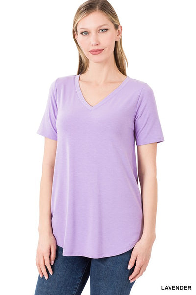 Clothing - Ladies Plus Size Short Sleeve V-Neck Tee with Rounded Hem