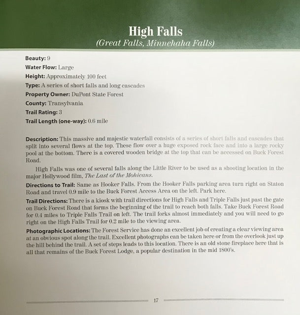 Sample page from Great Waterfalls of North Carolina showing the High Falls entry with beauty rating, trail details, directions, and photography tips for DuPont State Forest