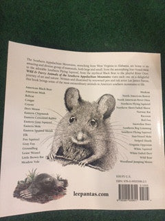 Back cover of Wild and Furry Animals of the Southern Appalachian Mountains featuring a detailed illustration of a mouse, with book description and leepantas.com website