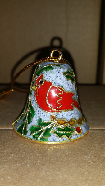 Ornament - Cardinal and White Squirrel Sleigh Bell Custom Cloisonne - Handcrafted metal #