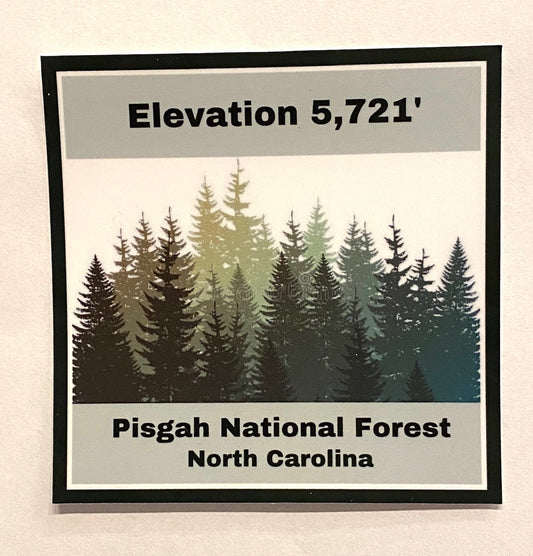 Decal with 'Elevation 5,721'', 'Pisgah National Forest North Carolina', and a forest scene.