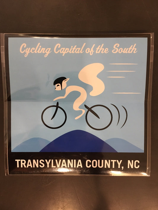 A sticker depicting a white squirrel cyclist with the text 'Cycling Capital of the South' and 'Transylvania County, NC'.