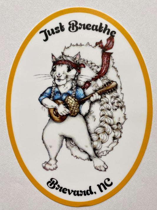 Oval-shaped decal featuring a cartoon illustration of a white squirrel wearing a bandana, playing a guitar, with the text 'Just Breathe' and 'Brevard, NC'.