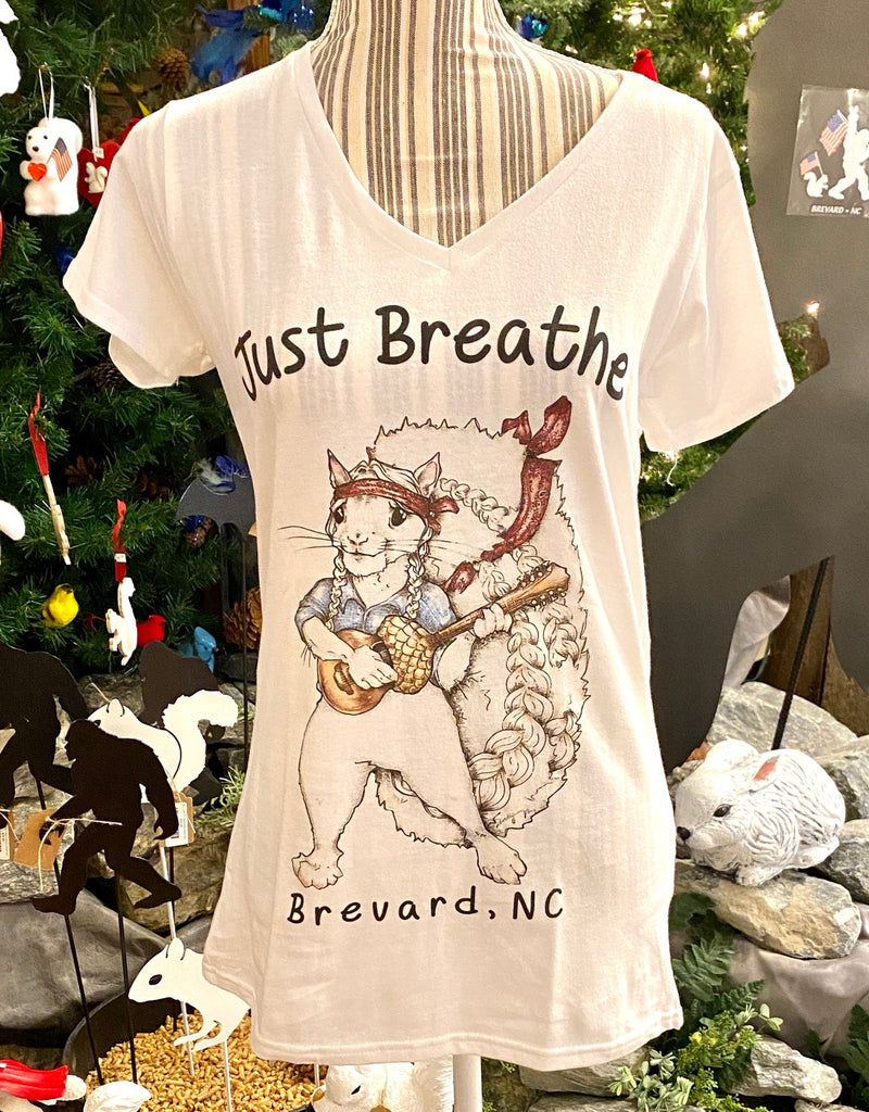 T-Shirt - For Adult Ladies - Willie Nelson White Squirrel - Short Sleeve V-Neck Soft Style with "Just Breathe"