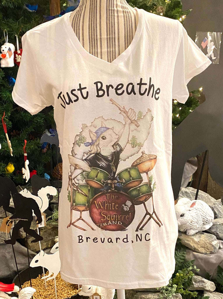 T-Shirt - For Adult Ladies - Drummer White Squirrel - Short Sleeve V-Neck Soft Style with "Just Breathe"