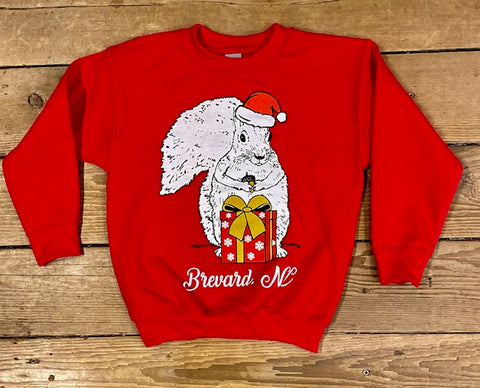 Christmas Sweatshirt - For Youth - Red Crew Neck with White Christmas Squirrel