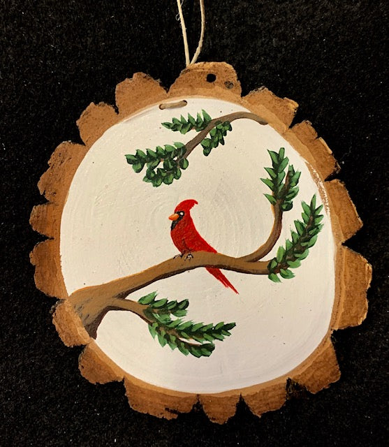 Ornament - Hand-Painted Cardinal on a Log Slice