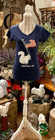 T-Shirt - For Adult Women - Navy Short Sleeve V-Neck with Patriotic White Squirrel
