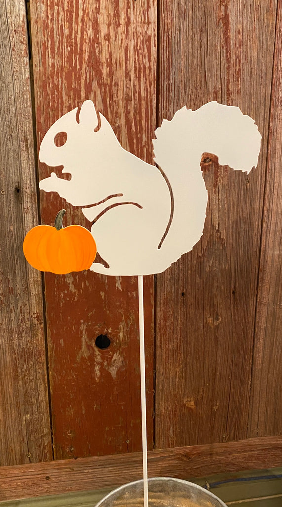 Metal Garden Art - White Squirrel Holding an Orange Pumpkin Garden Stake
