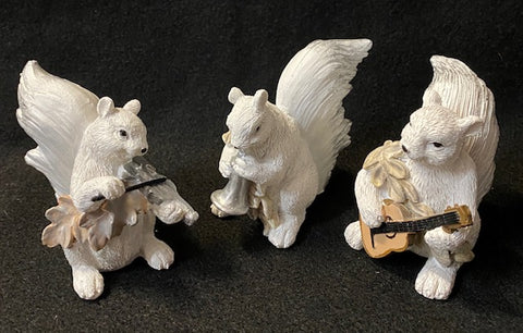 Figurines - Hand-Painted White Squirrels Playing Musical Instruments - Set of 3