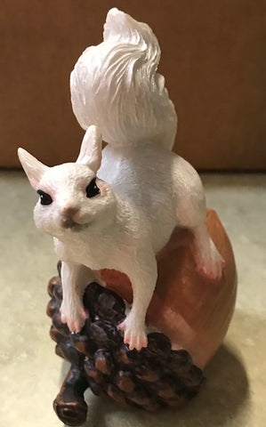 Figurine - Resin - White Squirrel Perched on an Acorn