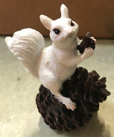 Figurine - Resin - White Squirrel Perched on a Pine Cone