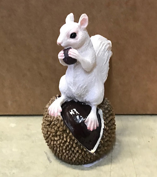 Resin - White Squirrel Figurine Perched on a Black Walnut