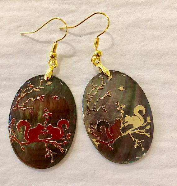 Jewelry - Earrings - Abalone Shell Earrings with Gold Squirrel Design