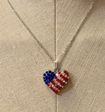 Jewelry - Patriotic Red, White & Blue Crystal Heart Pendant with Silver Chain