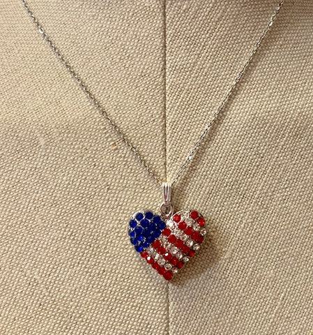Patriotic Jewelry - Red, White & Blue Crystal Heart Pendant with Silver Chain