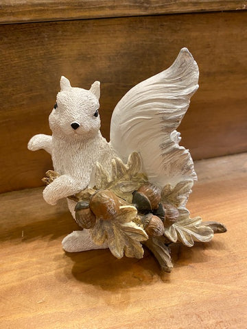 Figurine - Resin - White Squirrel with Acorn Branch