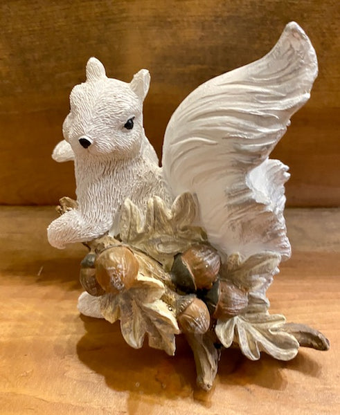 Figurine - Resin - White Squirrel with Acorn Branch