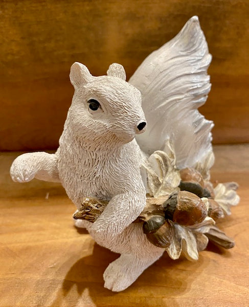 Home Decor - White Squirrel Figurine Holding a Branch of Acorns