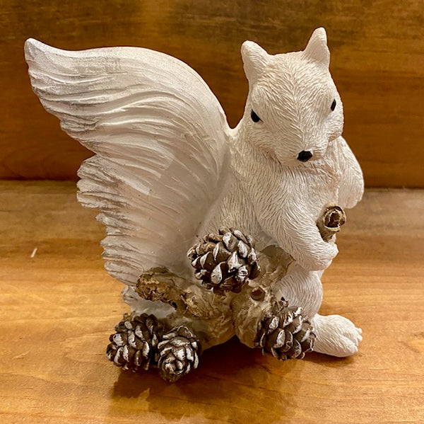 Home Decor - White Squirrel Figurine Holding a Branch of Pine Cones