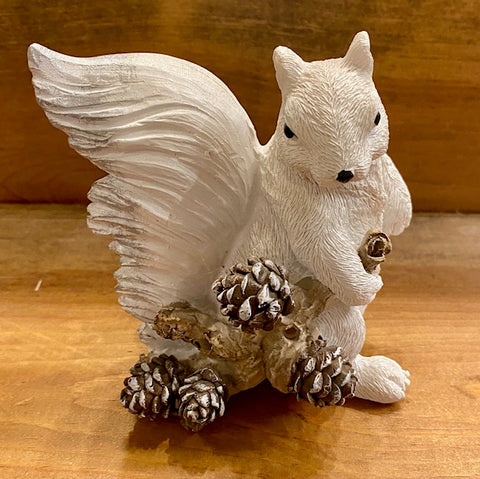 Figurine - Resin - White Squirrel with Pine Cone Branch