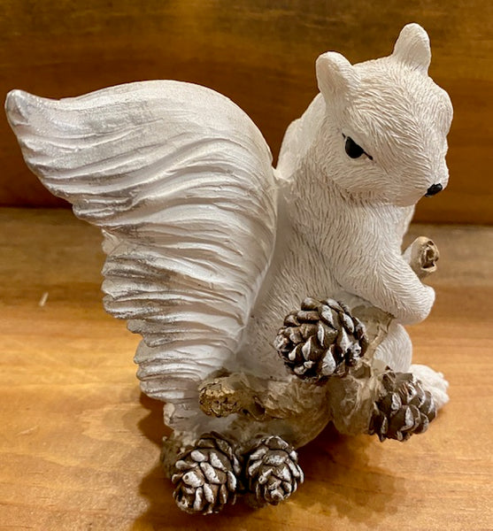 Home Decor - White Squirrel Figurine Holding a Branch of Pine Cones