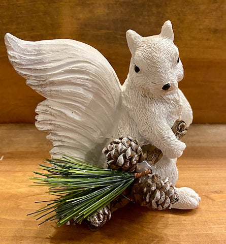 Figurine - Resin - White Squirrel with Pine Needle Branch