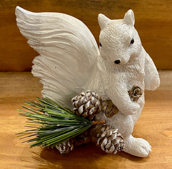 Figurine - Resin - White Squirrel with Pine Needle Branch