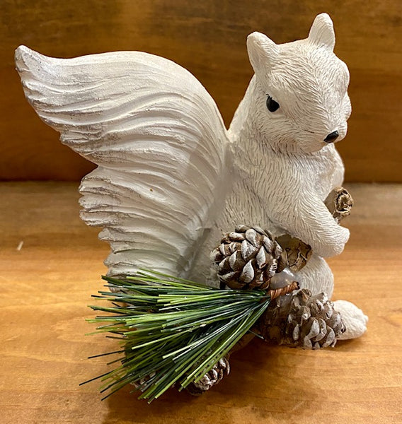 Figurine - Resin - White Squirrel with Pine Needle Branch