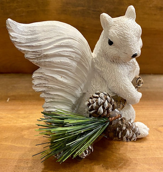Home Decor - White Squirrel Figurine Holding a Pine Branch