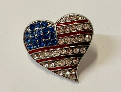 Hat/Lapel Pin - Crystals - Red, White & Blue America Flag Heart