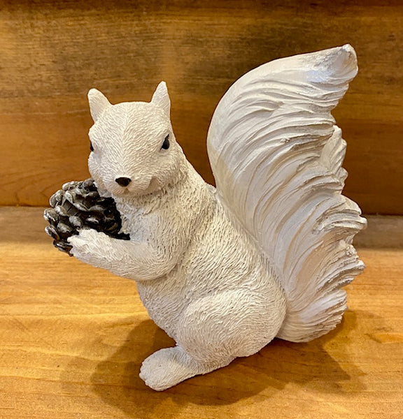 Figurine - Resin - White Squirrel Holding a Single Large Pine Cone