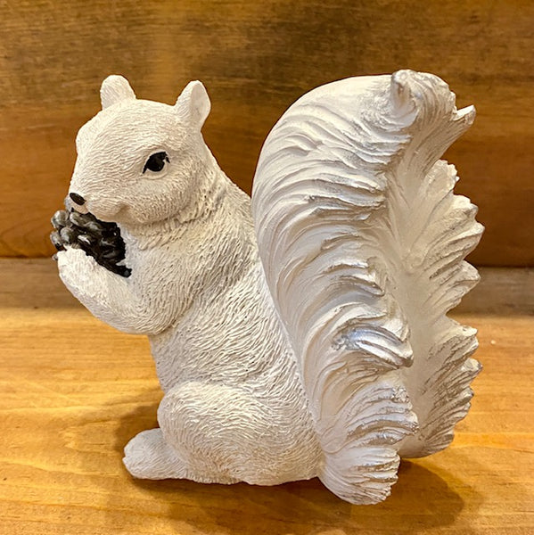 Figurine - Resin - White Squirrel Holding a Single Large Pine Cone