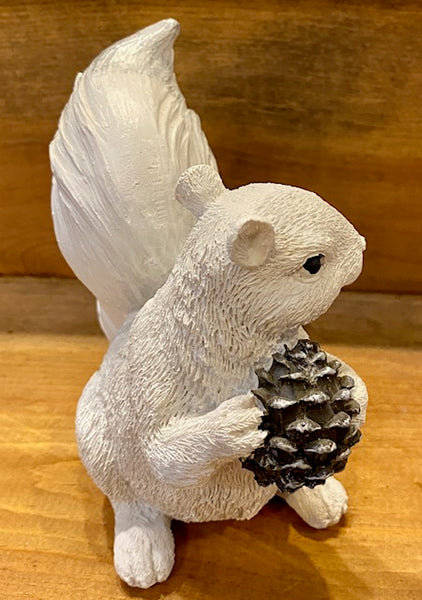 Figurine - Resin - White Squirrel Holding a Single Large Pine Cone