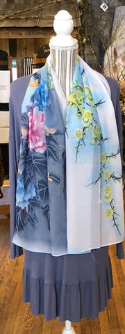 Clothing Accessory - Silky Scarf with Springtime Flowers and Birds
