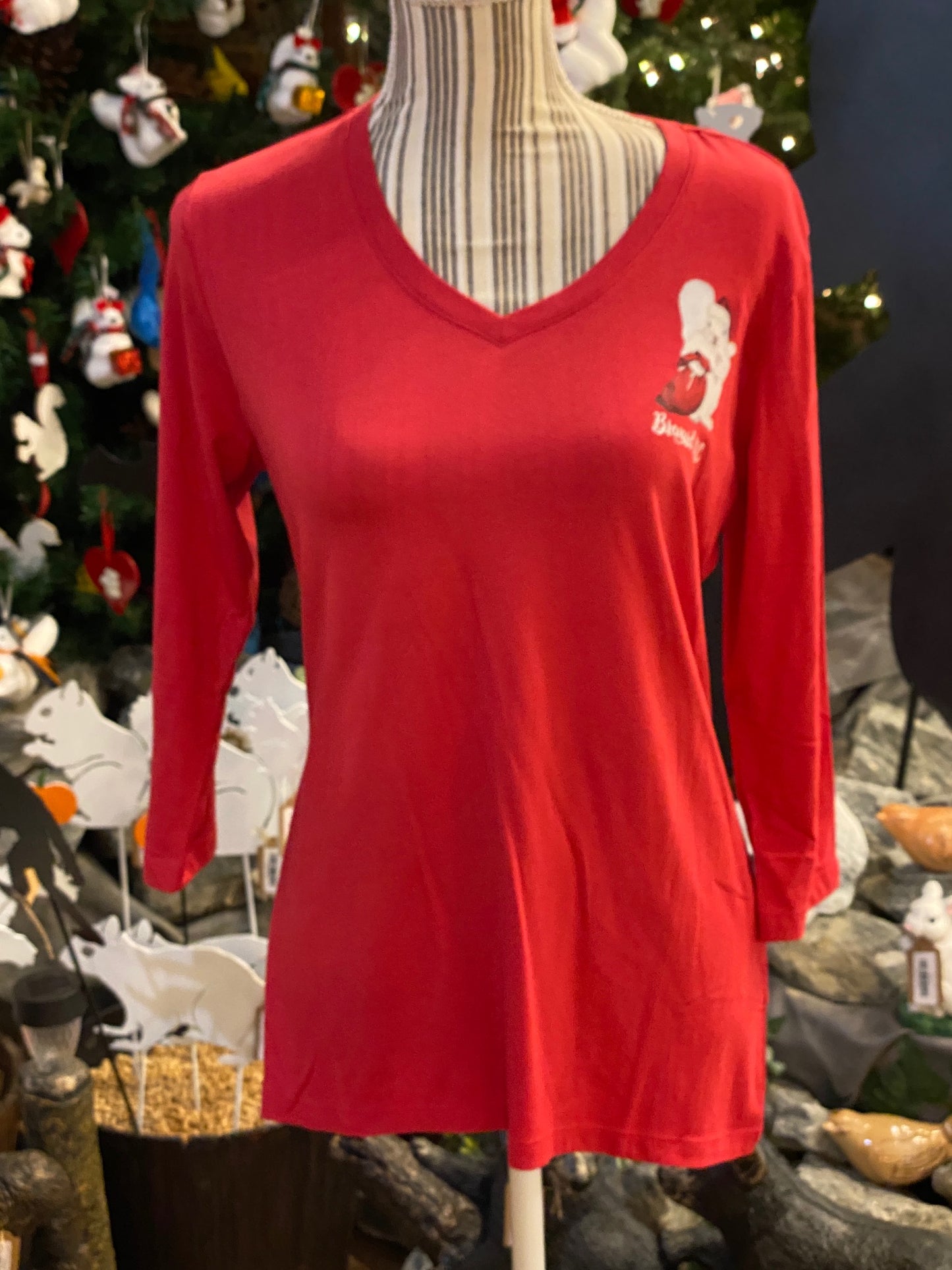 Christmas T-Shirt - Women's - 3/4 Sleeve Red V-Neck with White Santa Squirrel on the Left Chest