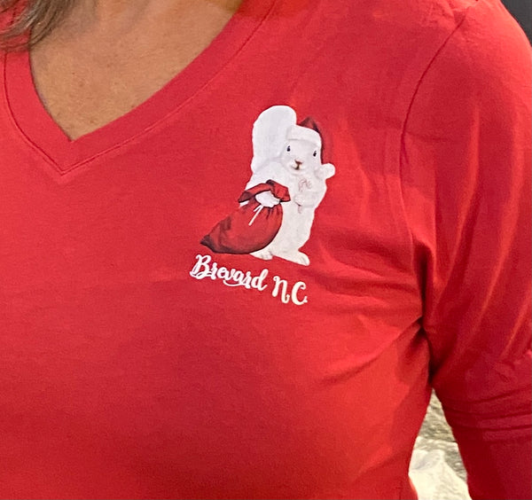 T-Shirt - For Adult Ladies - Soft Lightweight 3/4 Sleeve V-Neck in Red with our Christmas White Squirrel on the Left Chest
