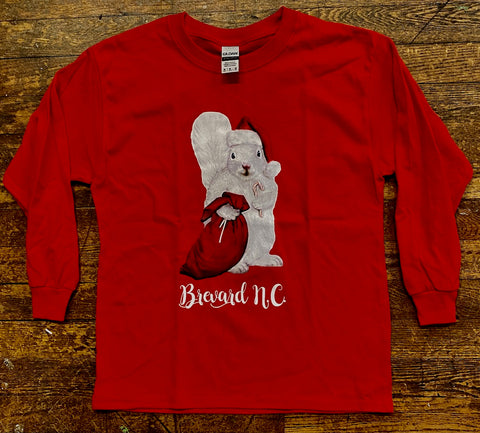 Christmas T-Shirt for Youth -  Long Sleeve Bright Red with a White Santa Squirrel