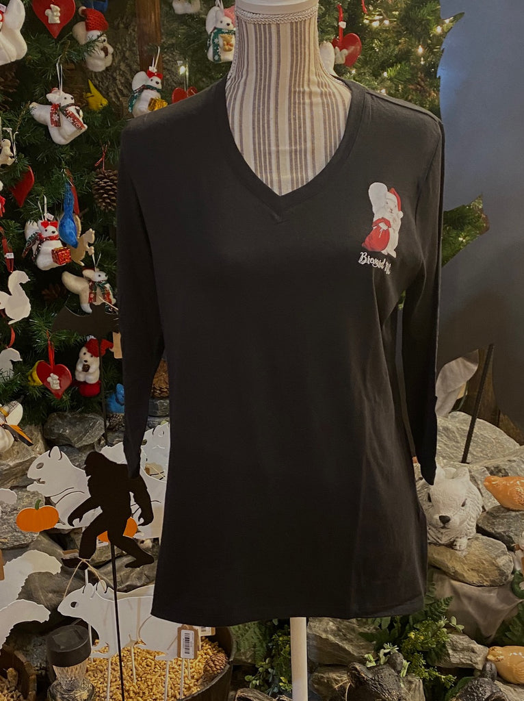 T-Shirt - For Adult Ladies - Soft Lightweight 3/4 Sleeve V-Neck in Black with our Christmas White Squirrel on the Left Chest