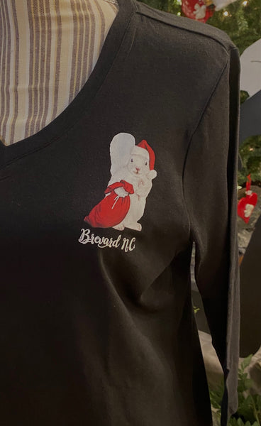 Christmas T-Shirt - Ladies - 3/4 Sleeve Black V-Neck with White Santa Squirrel on the Left Chest