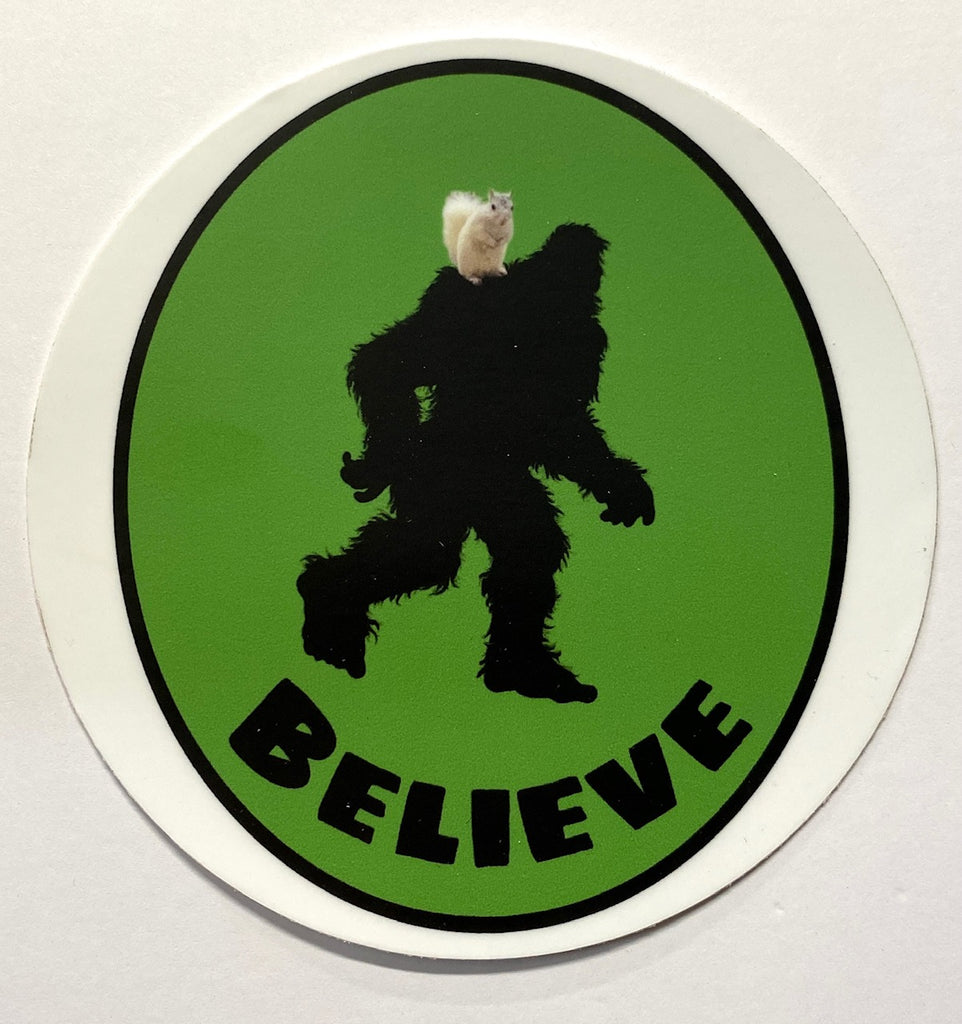 Decal - 2" Mini Round Big Foot with White Squirrel "Believe"